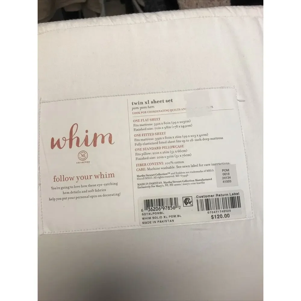 Whim by Martha Stewart TWIN XL Sheet Set Solid Hem WHITE/POM BLUE D9Z107